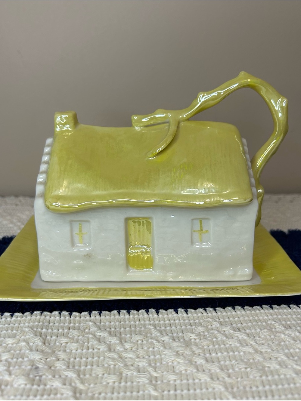 Vintage Ceramic Cottage Butter Dish with Yellow Roof and Handle. Ireland.